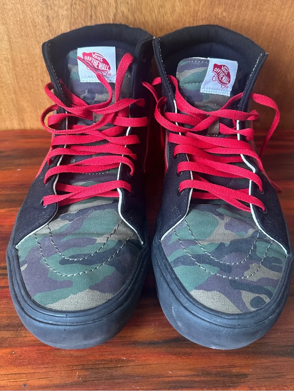 Vans Men’s Custom Camo High-Top Sneakers Red Stripe and Laces- canvas and suede